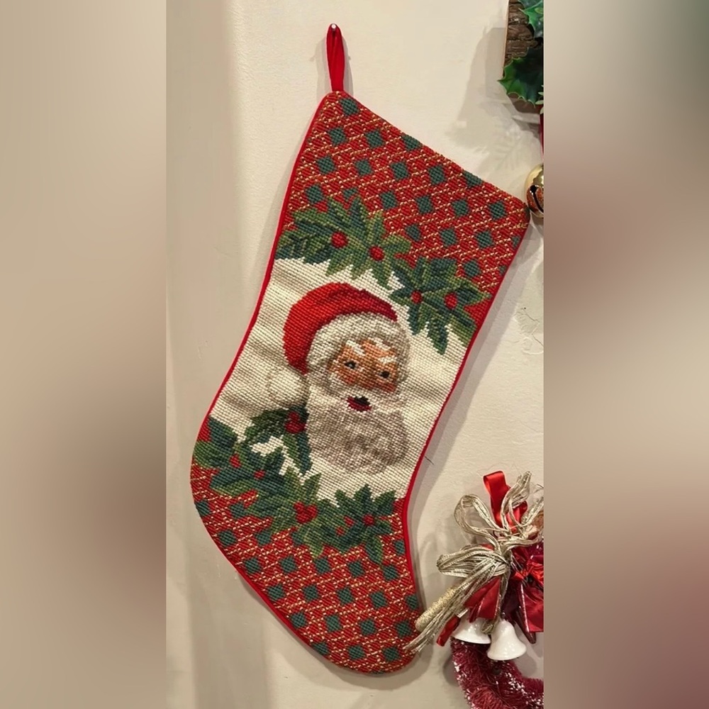 Vintage Santa Claus Needlepoint Stocking 19”